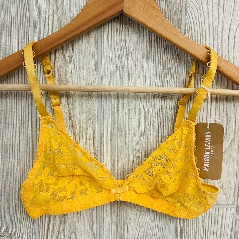 NEW! MAISON LEJABY Lace Bra 34B NWT Wire Free Bralette Pollen Yellow